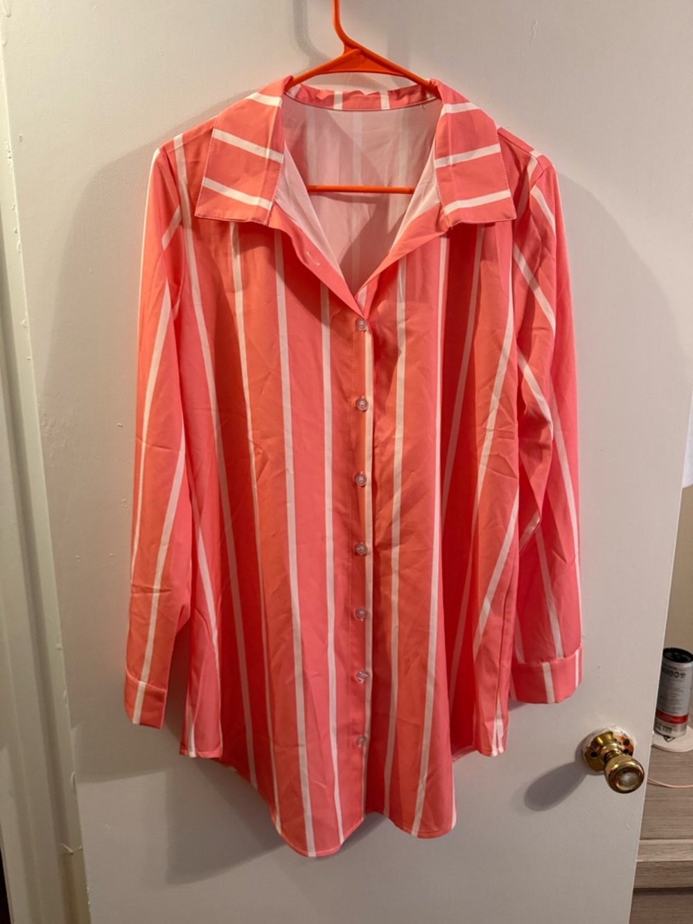 Coral and White Striped Button-Up Shirt & Skirt Set w/ White Cami